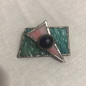 Vintage MCM Stained Glass Brooch in Geometric Shaped.